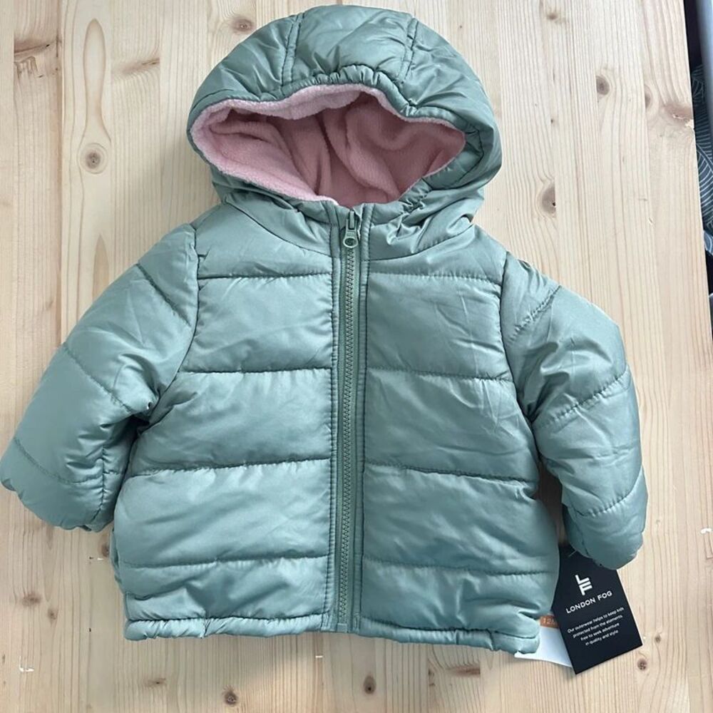 London fog green puffer jacket winter coat hooded fleece 12m